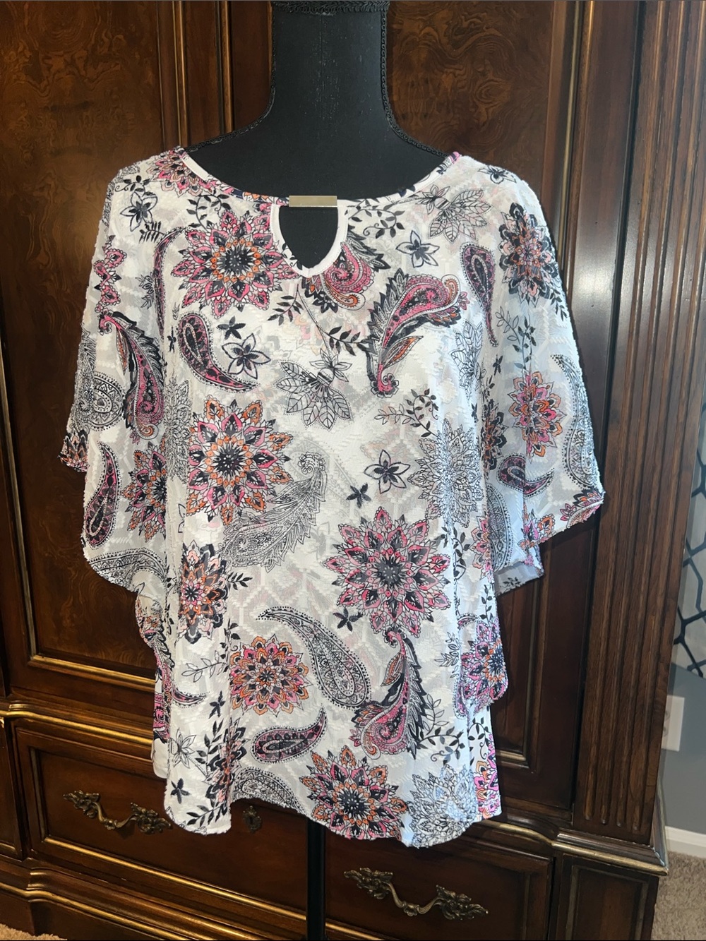 Notations White Paisley & Floral Keyhole Overlay Blouse w Pink & Black Accents